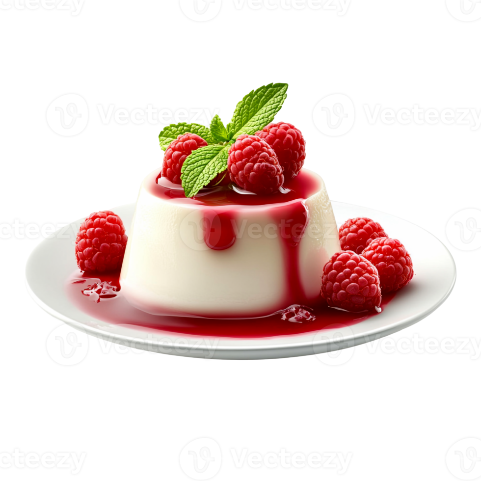 Panna cotta with raspberries and powdered sugar png