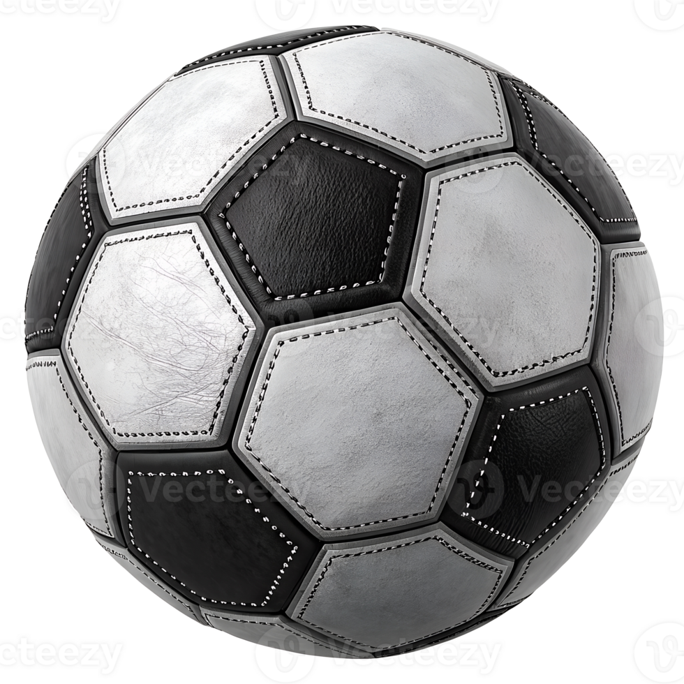 Black and white leather soccer football isolated on transparent background png