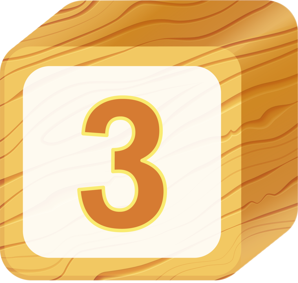 Number 3, 3D Retro toy wood block alphabet png