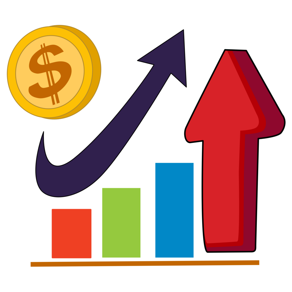 A Bar graph and gold coins with red arrows pointing upwards. png