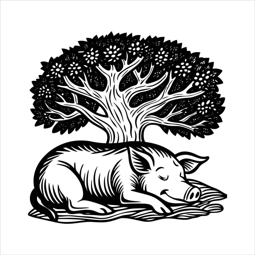 Pigs sleeping under the tree. vector