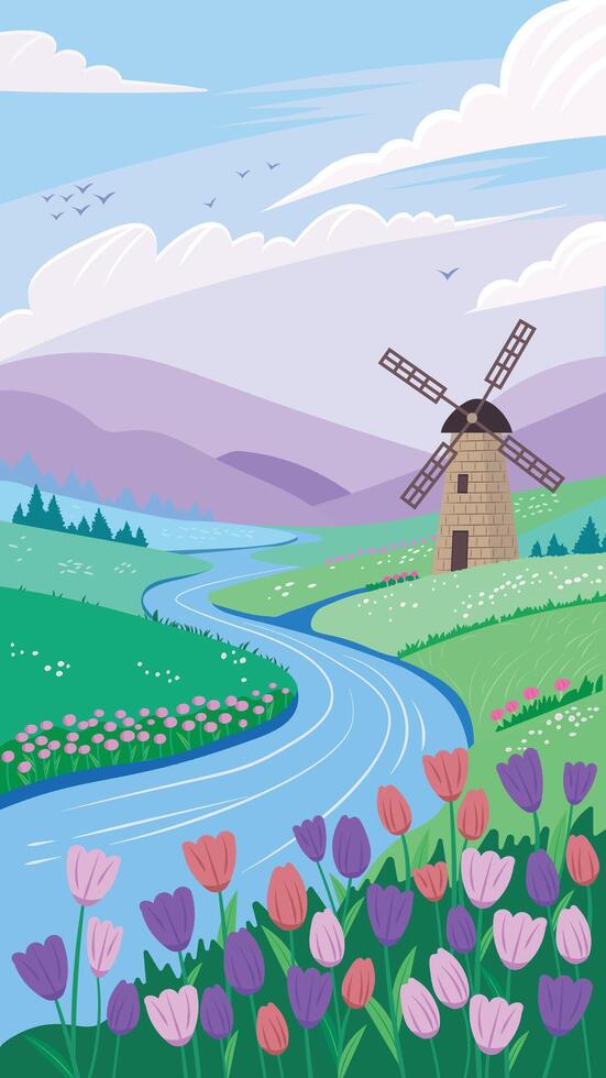 Spring landscape with mill, river and tulips vector