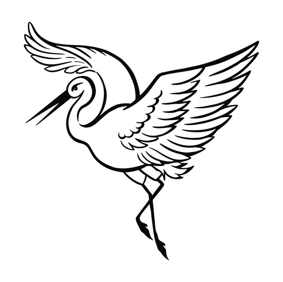 line drawing bird logo , heron stork in flight monochrome vector