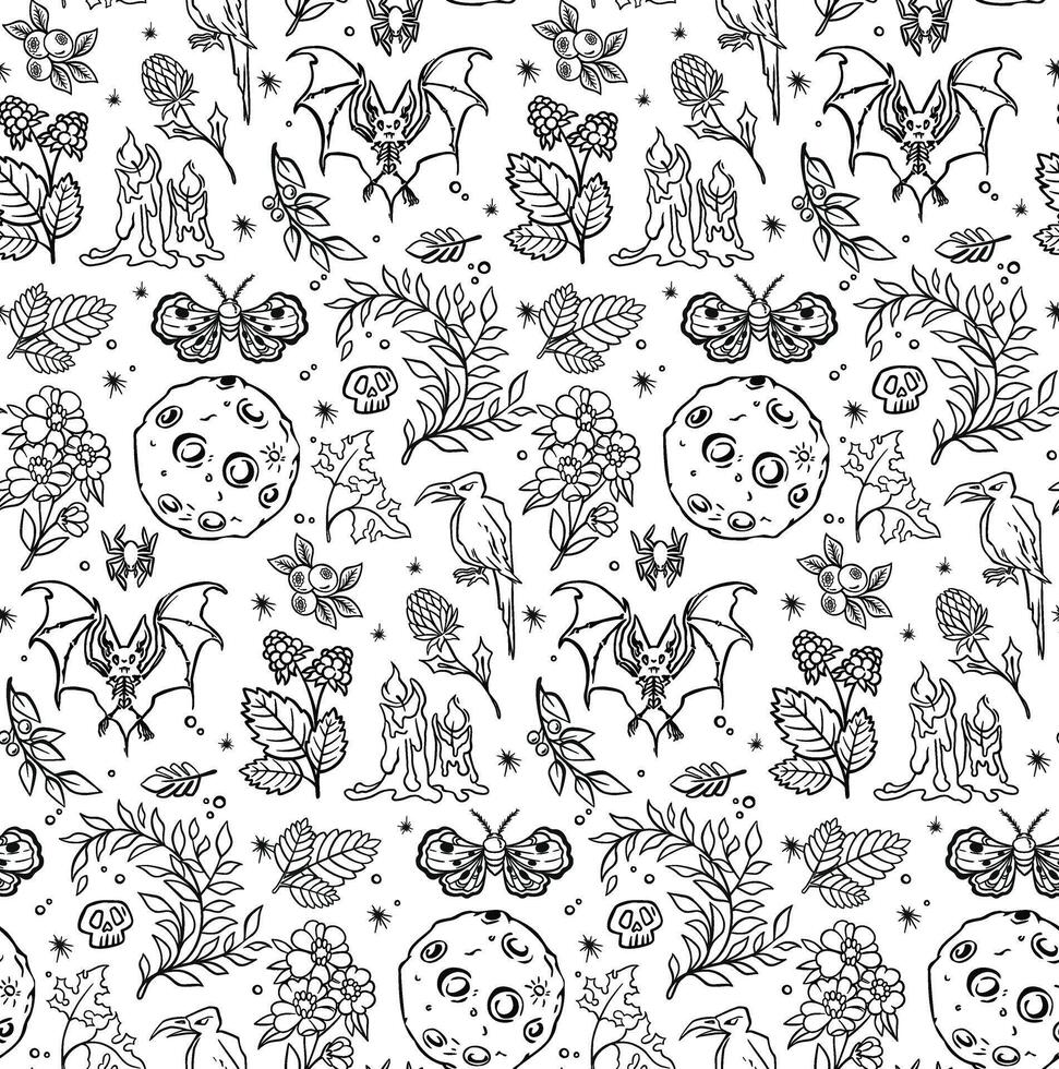 black and white line seamless pattern for halloween hand drawn illustration vector