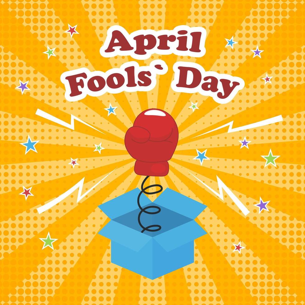 April Fools' Day square festive banner. Boxing glove on spring. Prank concept. illustration vector