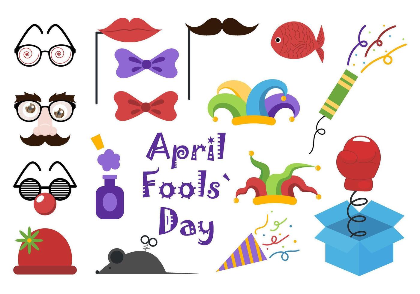 Set of props for April Fools' Day. Festive elements isolated on white background. illustration vector