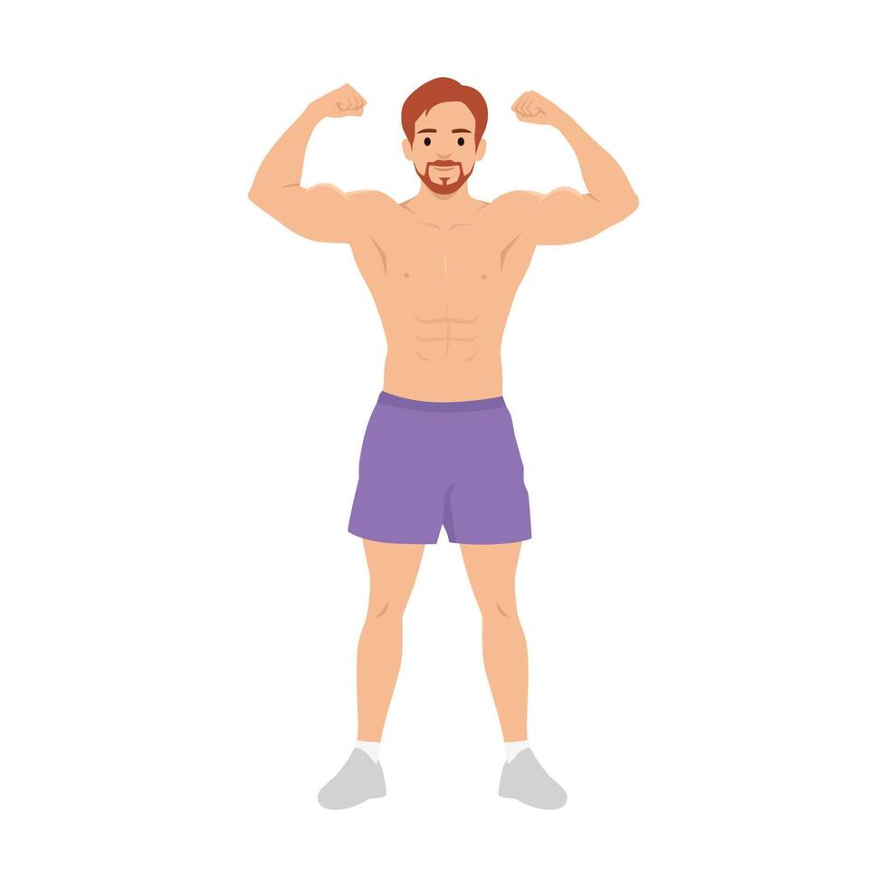 Young man with a muscular build is shown with his arms raised in the air. vector