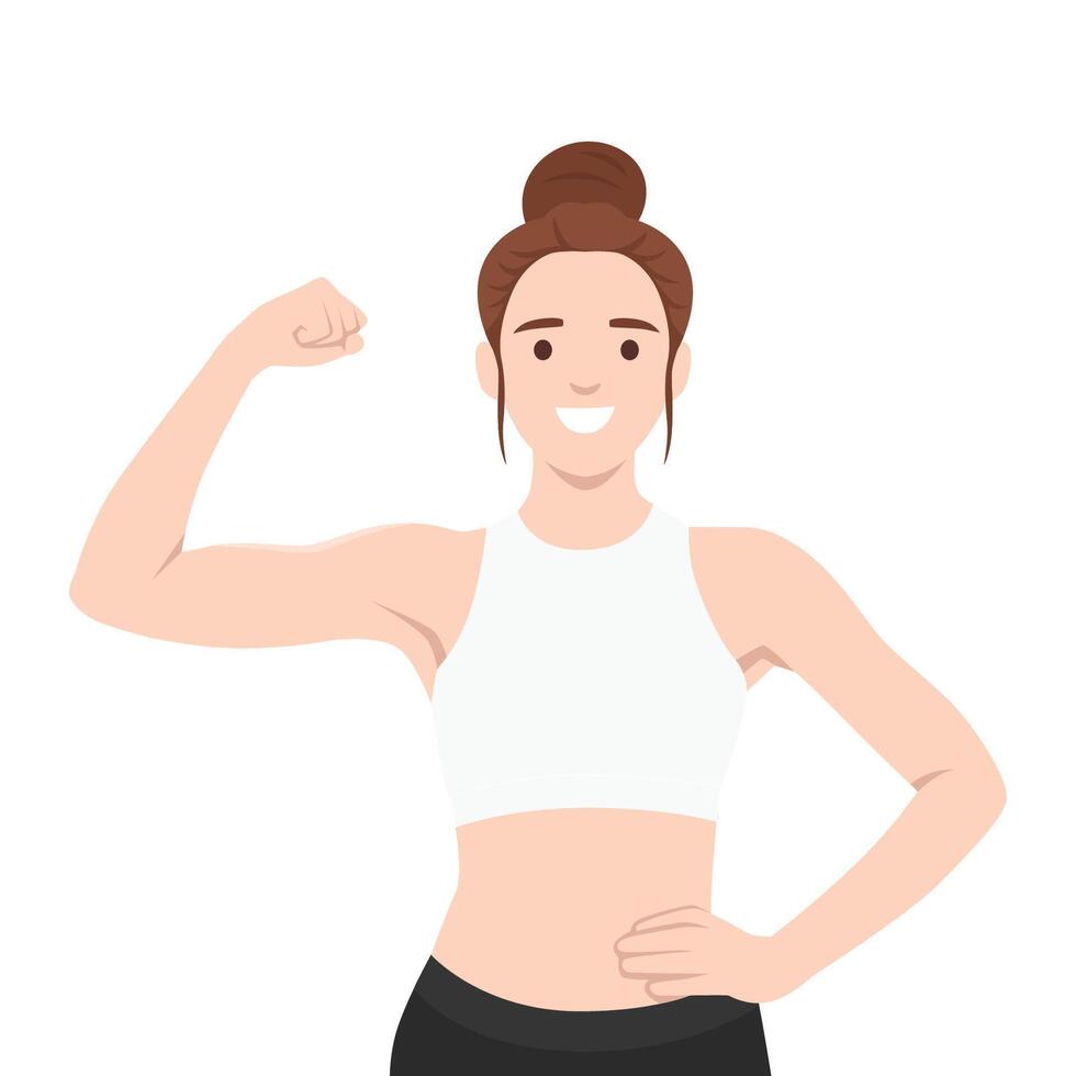 Pretty young fit woman showing her bicep muscle. vector