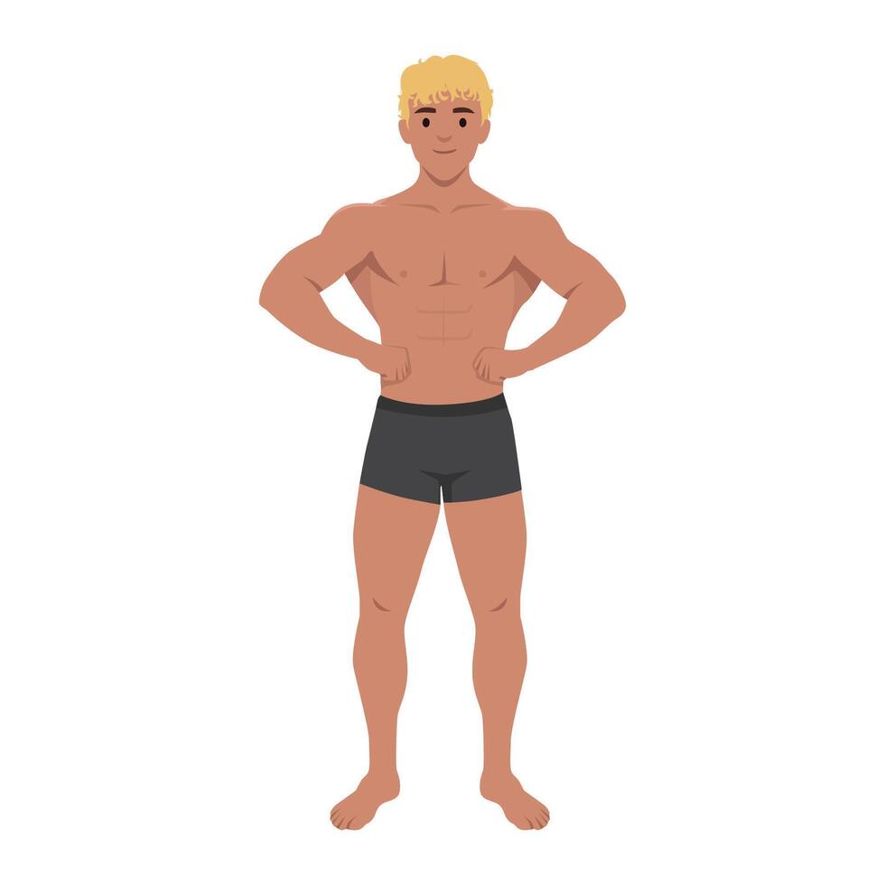 Young muscular bodybuilder posing on Front Lat Spread. vector