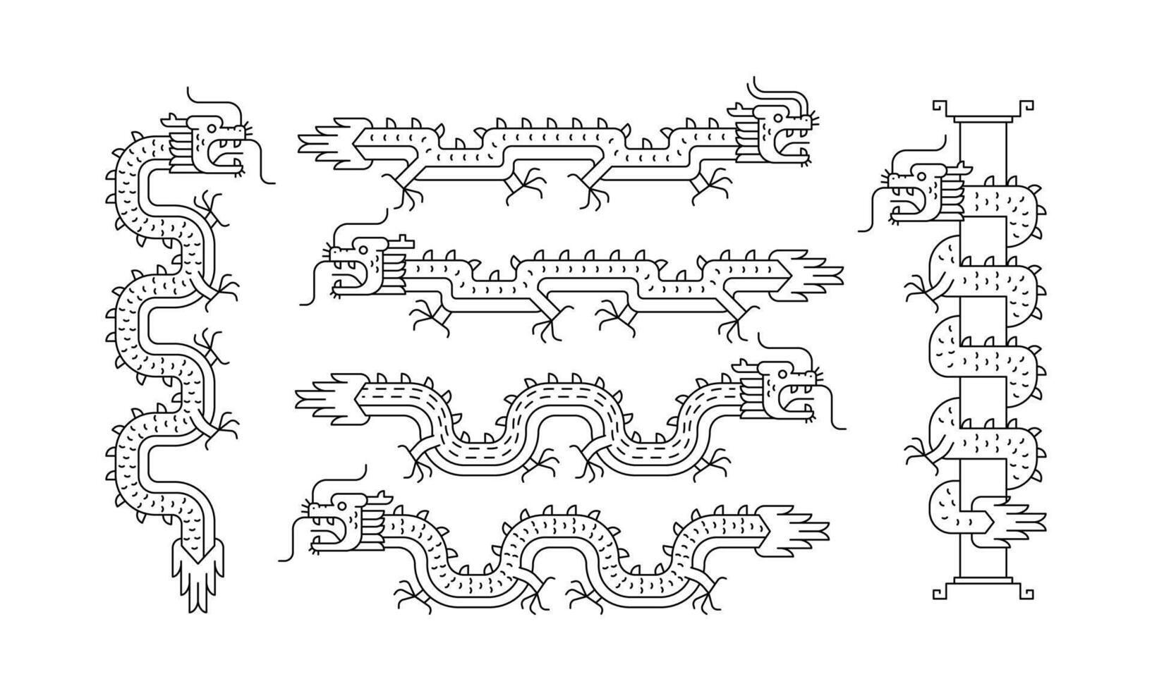 Chinese dragon graphic set designed with thin lines. vector