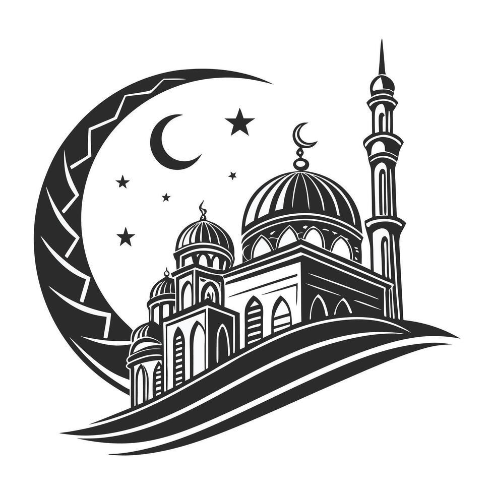 Silhouette of a Mosque, Crescent Moon, Stars, and Lanterns, Ideal for Ramadan vector