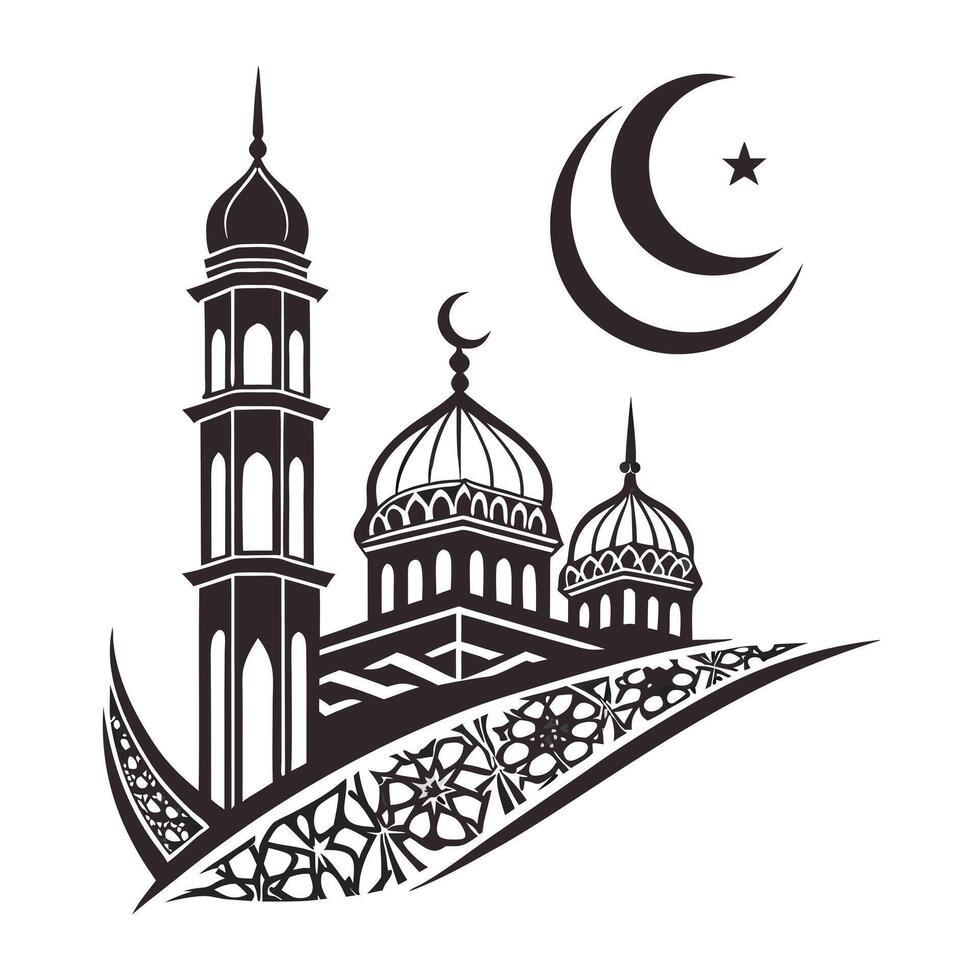 Black and white mosque, prayer mat, palm tree, and crescent moon design. vector