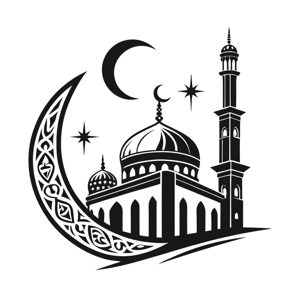 A stylized, black and white vecto graphic of a mosque, situated on a stylized hill or mound. vector