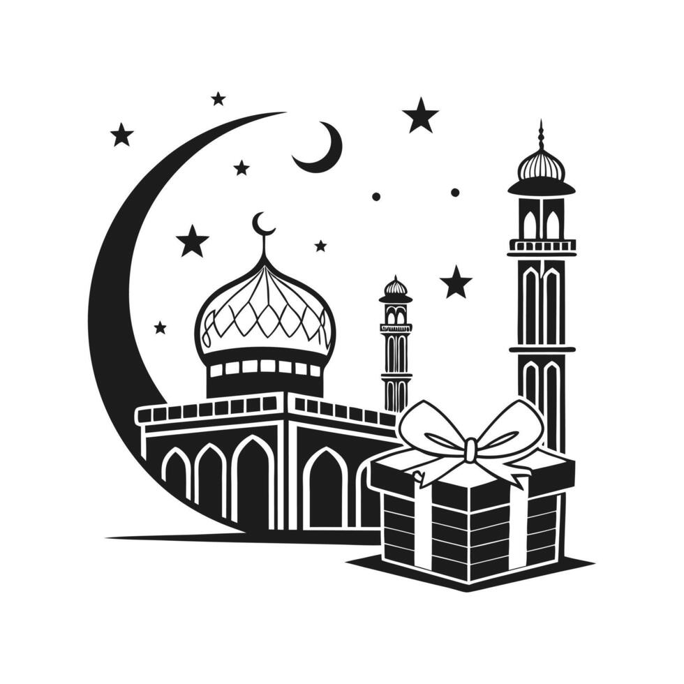 Islamic Mosque, Crescent Moon, Gift Box, and Lanterns - A Festive Design vector