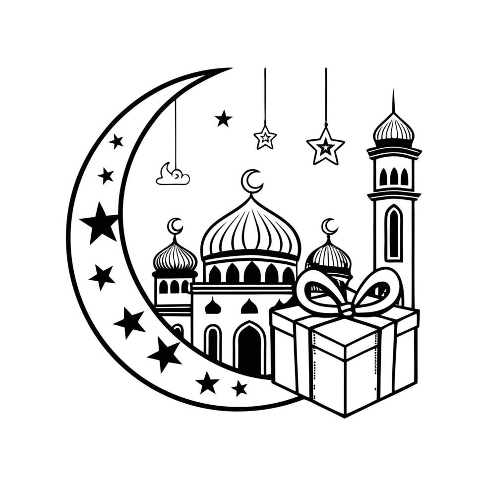 A stylized, black and white silhouette of a mosque, palm tree, crescent moon, and stars. vector