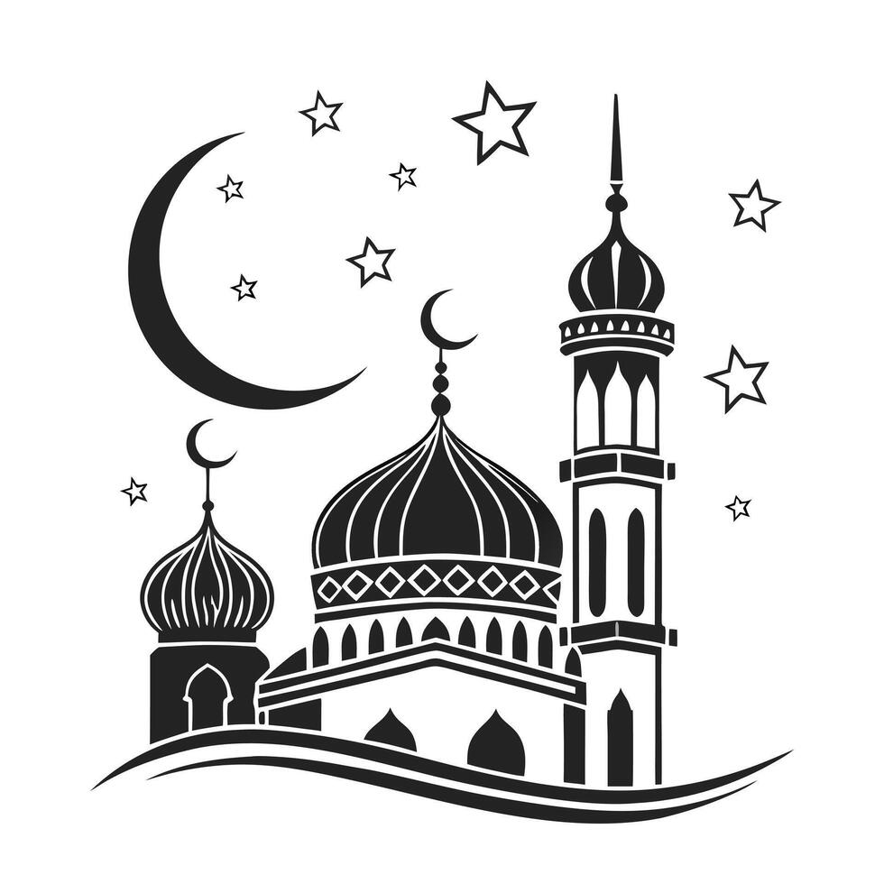 This black and white silhouette design features a mosque, a crescent moon, stars, and ornate lanterns, evoking a peaceful and spiritual Ramadan atmosphere. vector