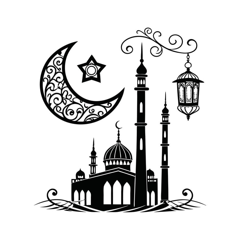 A stylized, black and white graphic design featuring a mosque, prayer rug, palm tree, crescent moon, and stars. vector