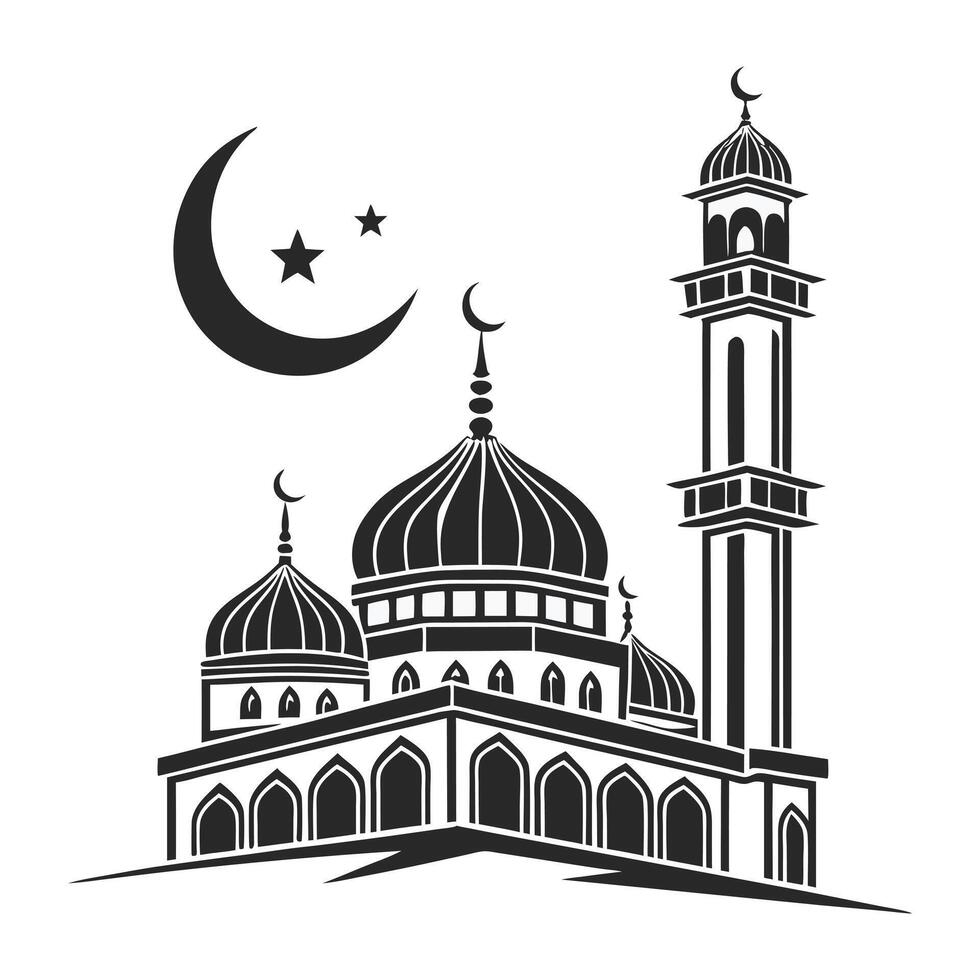 This stylized black and white silhouette of a mosque, crescent moon, and stars creates a peaceful and elegant image suitable for Islamic celebrations, especially Ramadan or Eid. vector