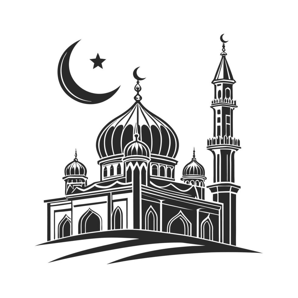 A black and white, stylized illustration of a mosque, crescent moon, palm tree, and prayer mat. vector