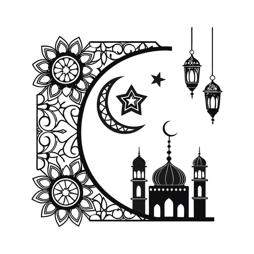 Black and White Mosque Silhouette with Crescent Moon and Stars vector