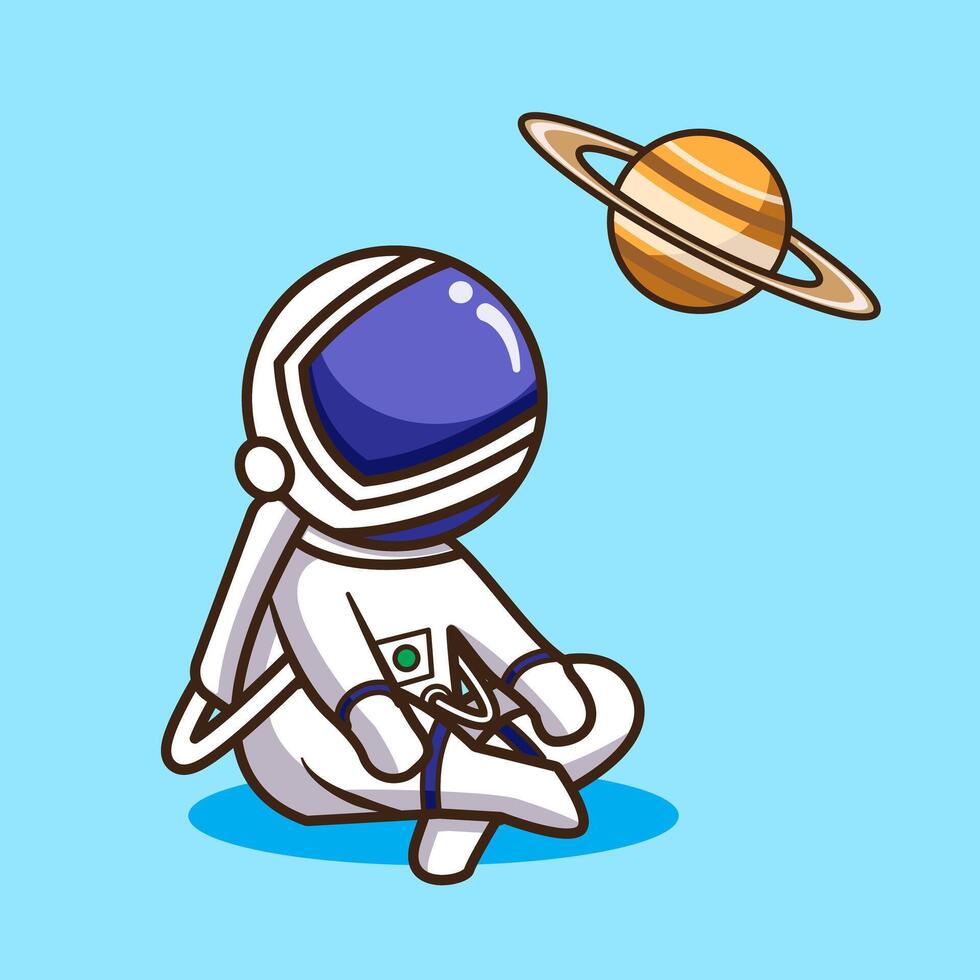 Astronaut look at the space Saturn cute cartoon design vector