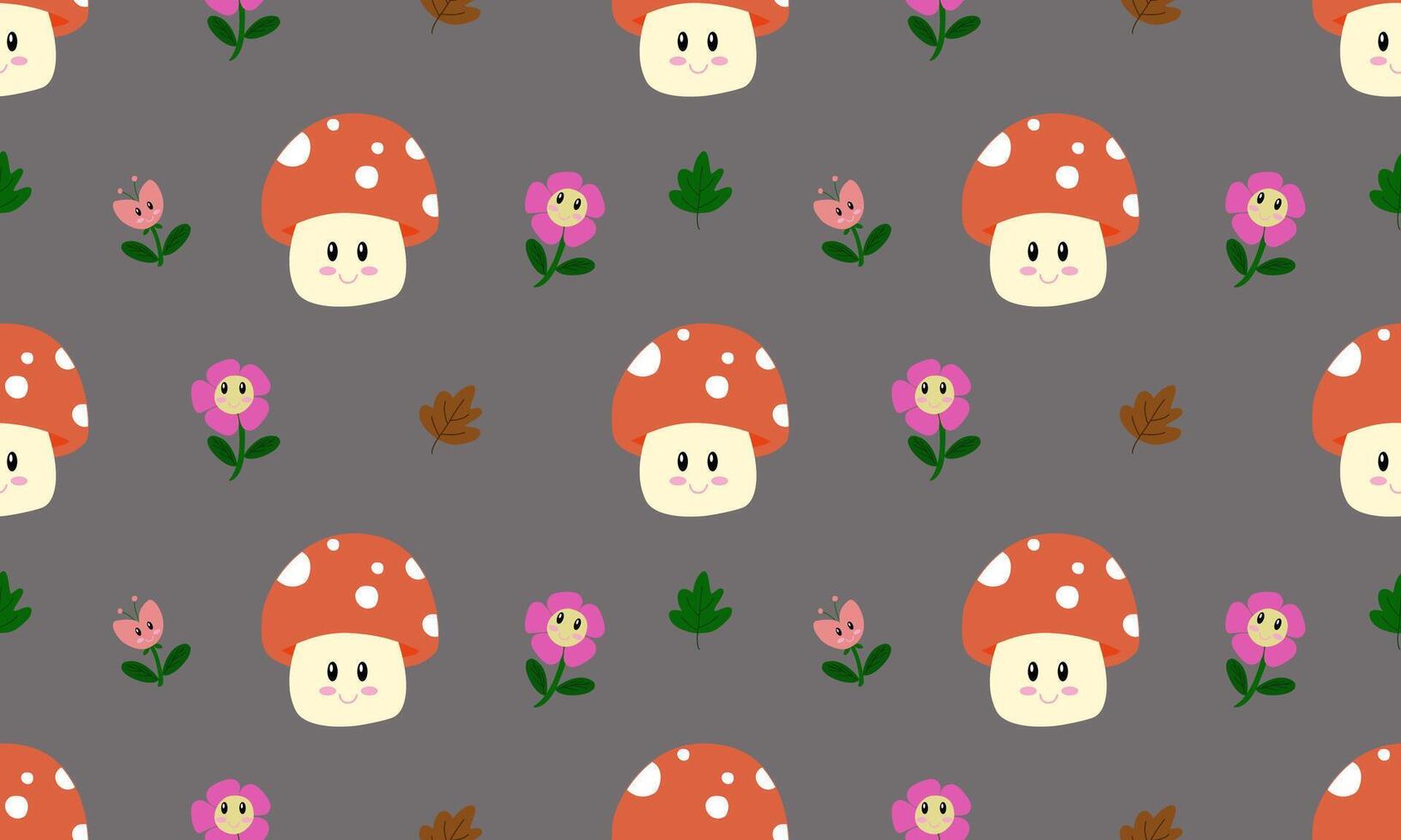 hand drawn cute mushroom and flowers for pattern a fabric and gray background designs vector