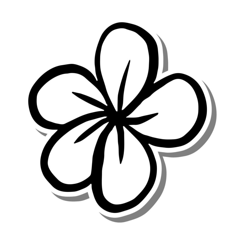 Single Flower Outline Blooming on white silhouette and gray shadow. Hand drawn cartoon style. illustration for decorate, coloring and any design. vector