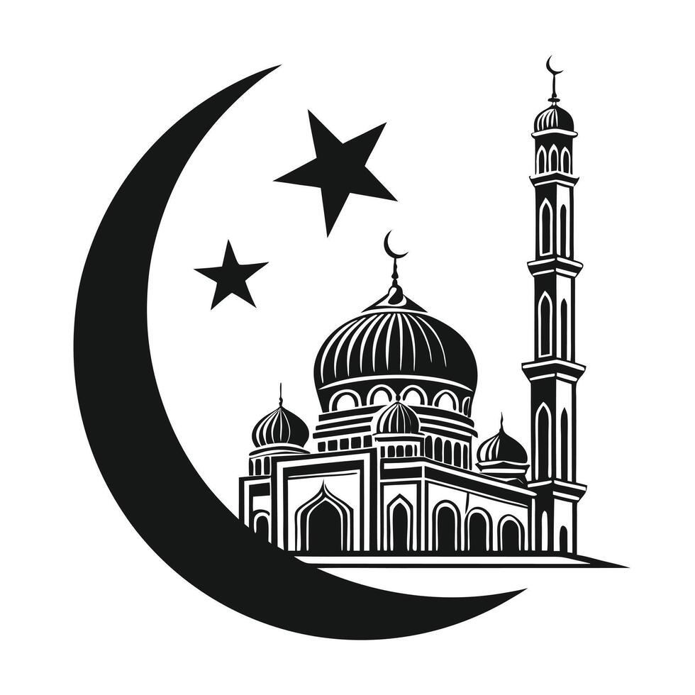 This stylized vecto graphic showcases a beautiful mosque at night, framed by a crescent moon and stars. vector