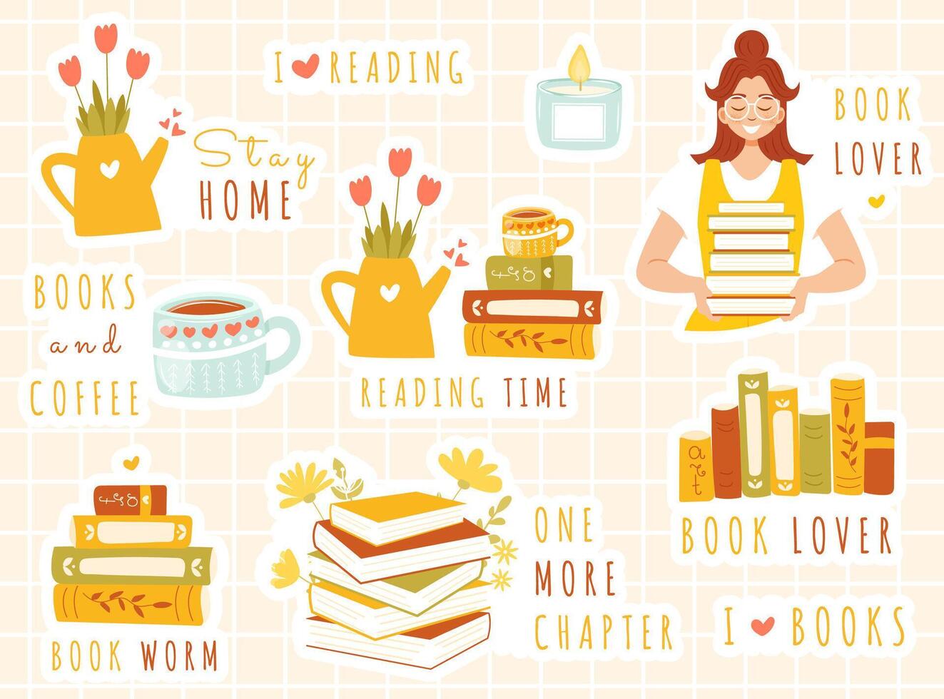 Set of book lover and reading stickers - cute elements in hand drawn flat cartoon style. Stack of books with flowers, young girl holding stack of books. World book day concept. Books stickers vector