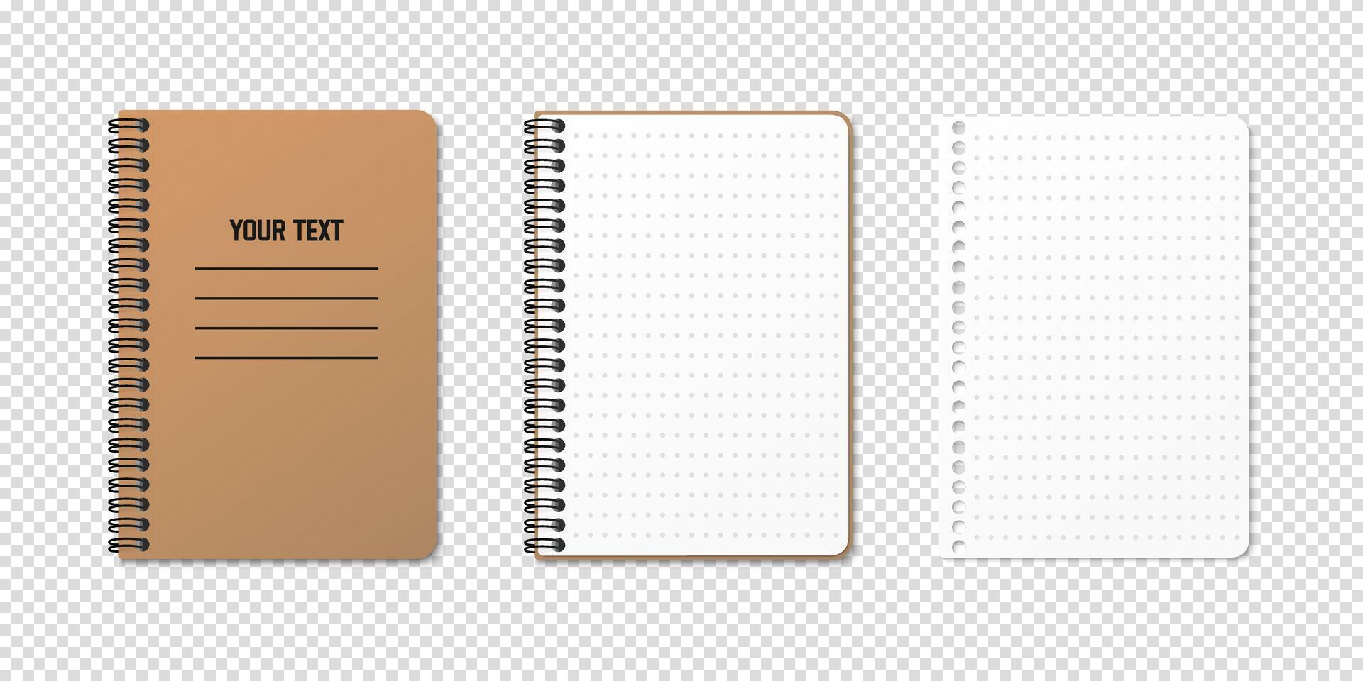 Vertical spiral notebook with clean, blank pages. Top down minimal style.round in three variations. Dotted sheet. Notebook clipart vector