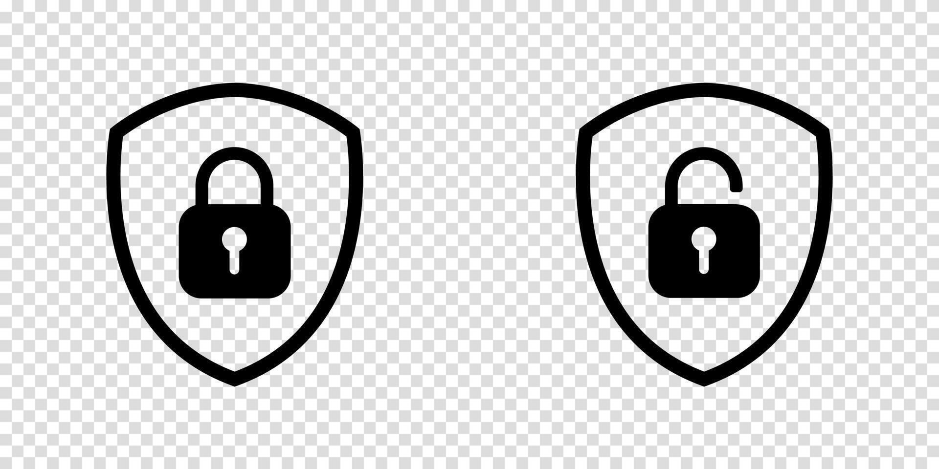 Shield lock and unlock icon set. Padlock signs representing safety and protection. vector