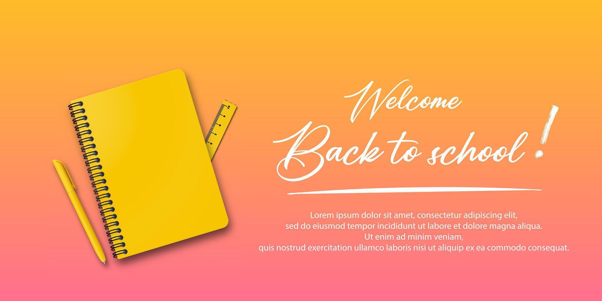 Back to school poster design. Holiday theme for students featuring a notebook and pen on an autumn background with handwritten back to school message. vector