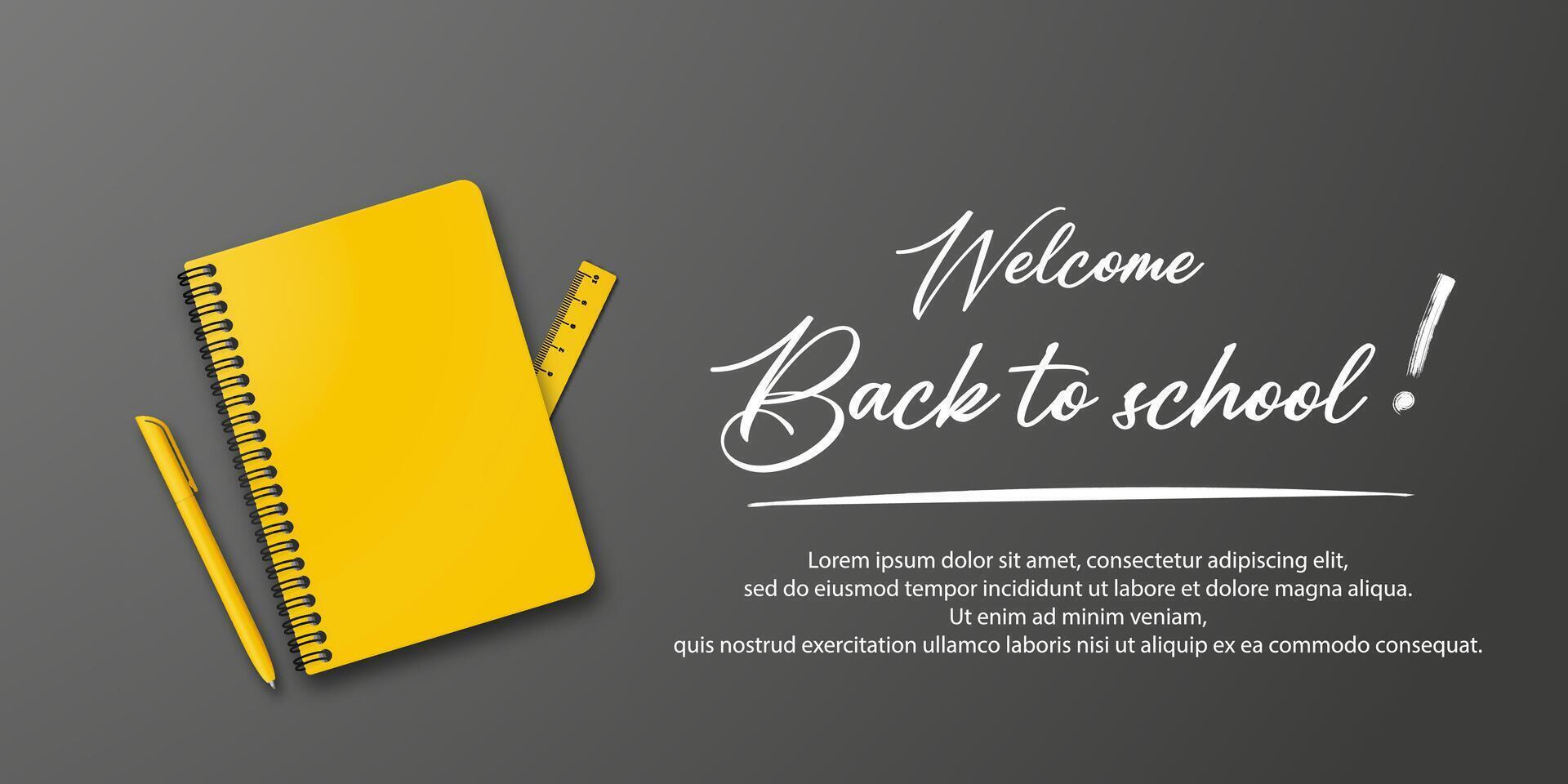 Education banner for students. Back to school theme with a notebook and pen on a black background. Includes handwritten back to school text vector