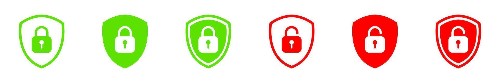 Set of shield icons with a green closed padlock and a red open padlock. Symbols representing security and accessibility. vector