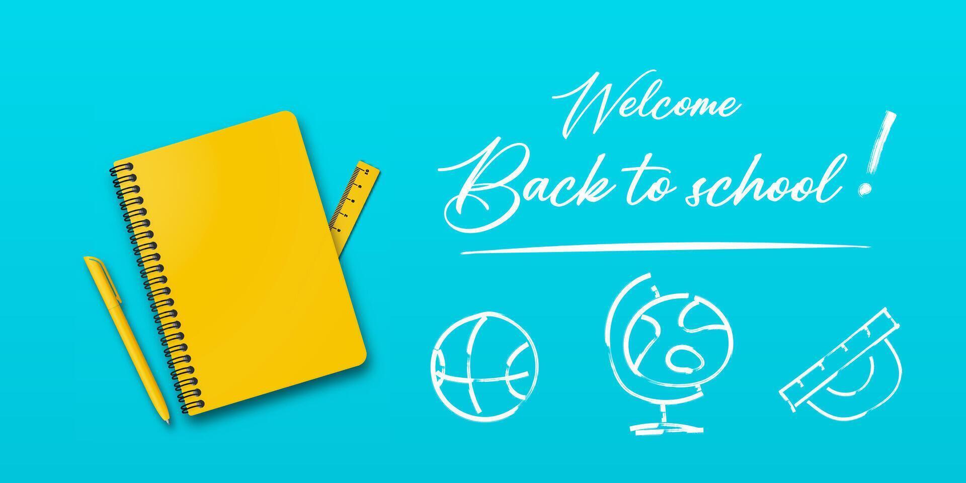 Back to school holiday poster. Education design with a notebook and pen on a turquoise or light blue background. Handwritten back to school text and space for details. vector
