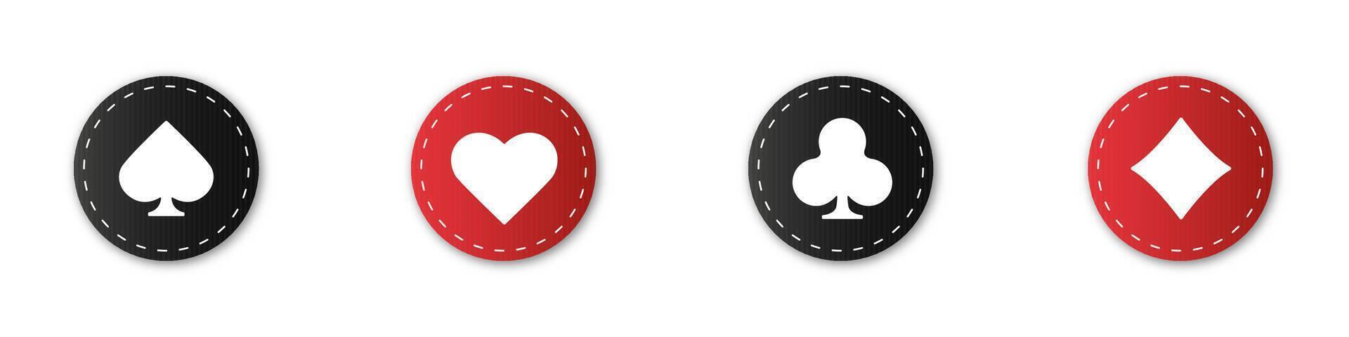 Poker chip and card suit collection for gambling designs. Features hearts, clubs, diamonds, and spades. vector