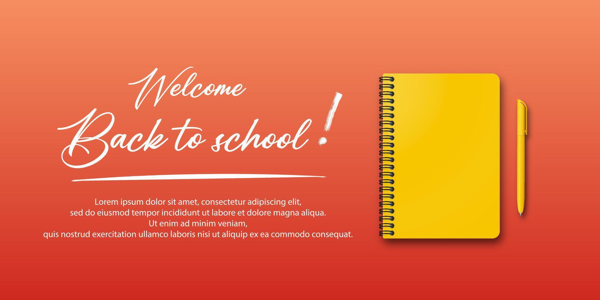 Back to school holiday for students. Banner with a notebook and pen on an autumn background. Handwritten back to school text. Space for text. Education design. vector