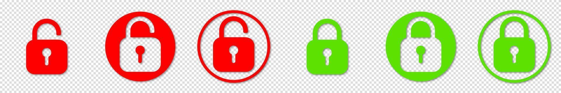 Set of safety icons with a red open padlock and a green closed padlock. Lock symbols representing secure and unlocked states. vector