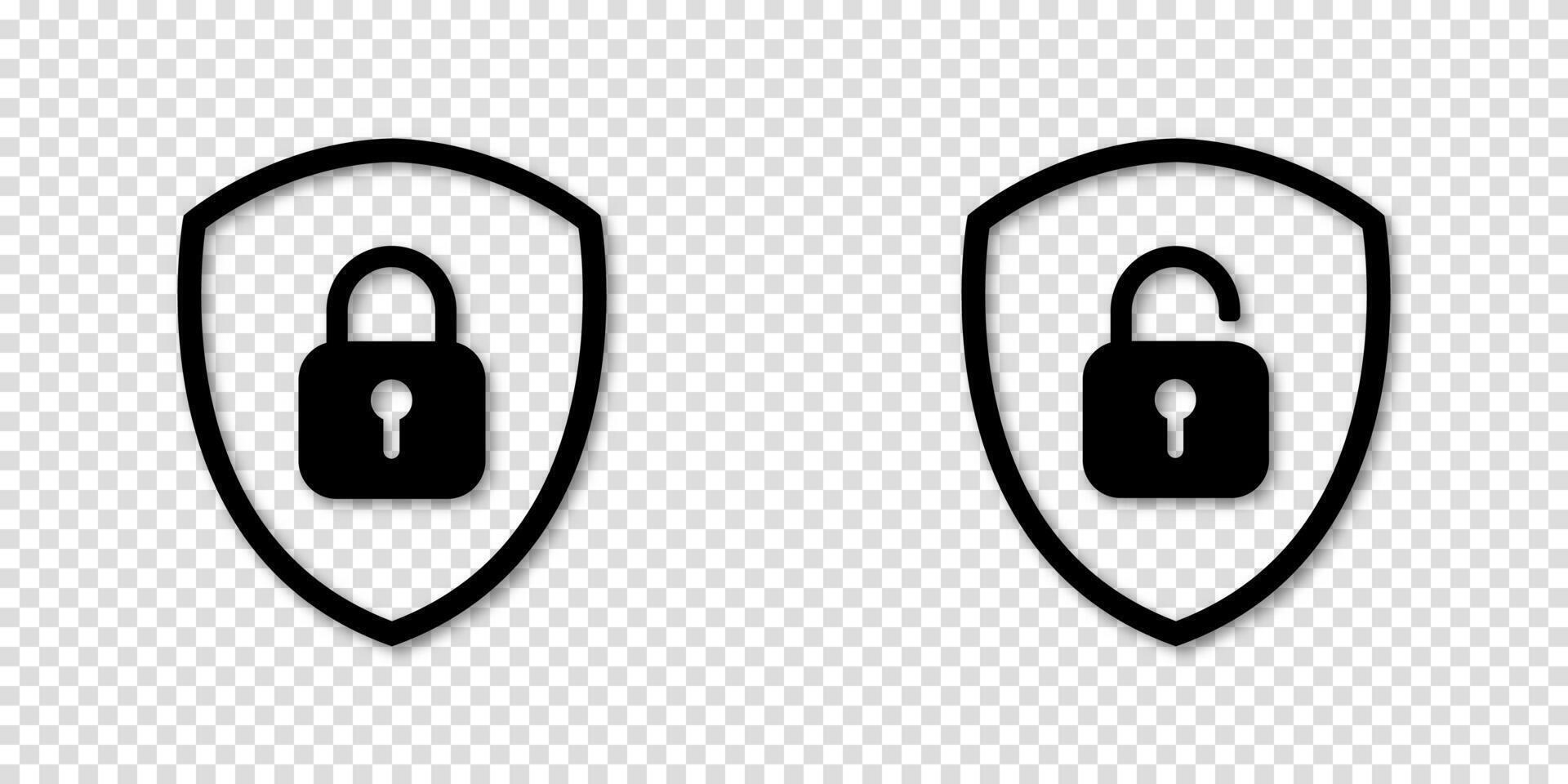 Lock and unlock shield icon set. Padlock symbols for protection and security designs. vector