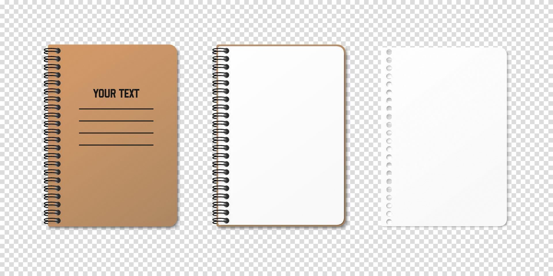 Vertical spiral notebook with blank pages. Three layout options. Top down view of clean, empty sheets. vector