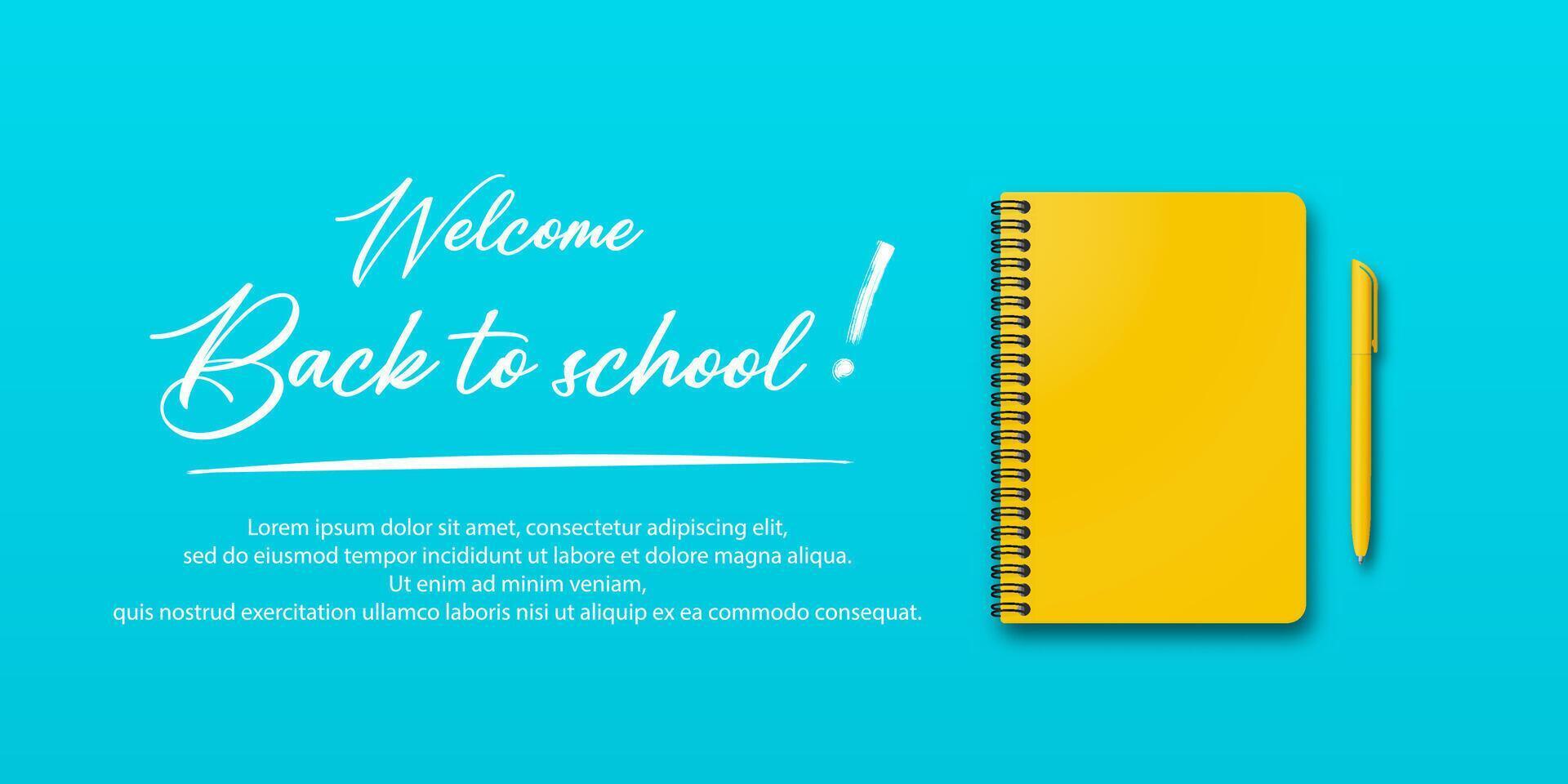 Holiday concept for students. Back to school theme with a notebook and pen on a turquoise or light blue background. Includes handwritten back to school message and space for text. vector