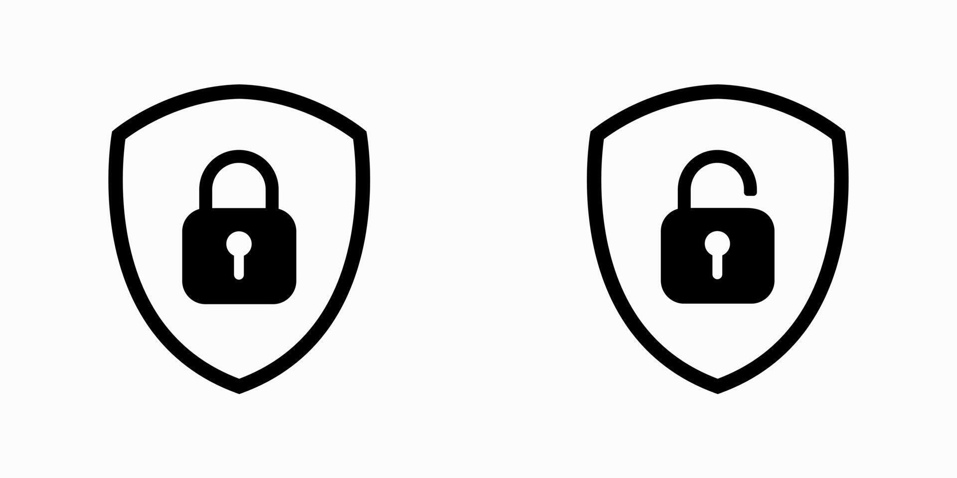 Collection of shield icons with locked and unlocked padlocks. Symbols for security themes. vector