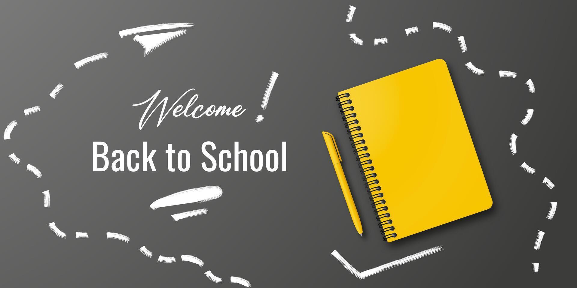 Back to school banner for students. Features a notebook and pen on a black background. Includes space for text and handwritten back to school message. vector