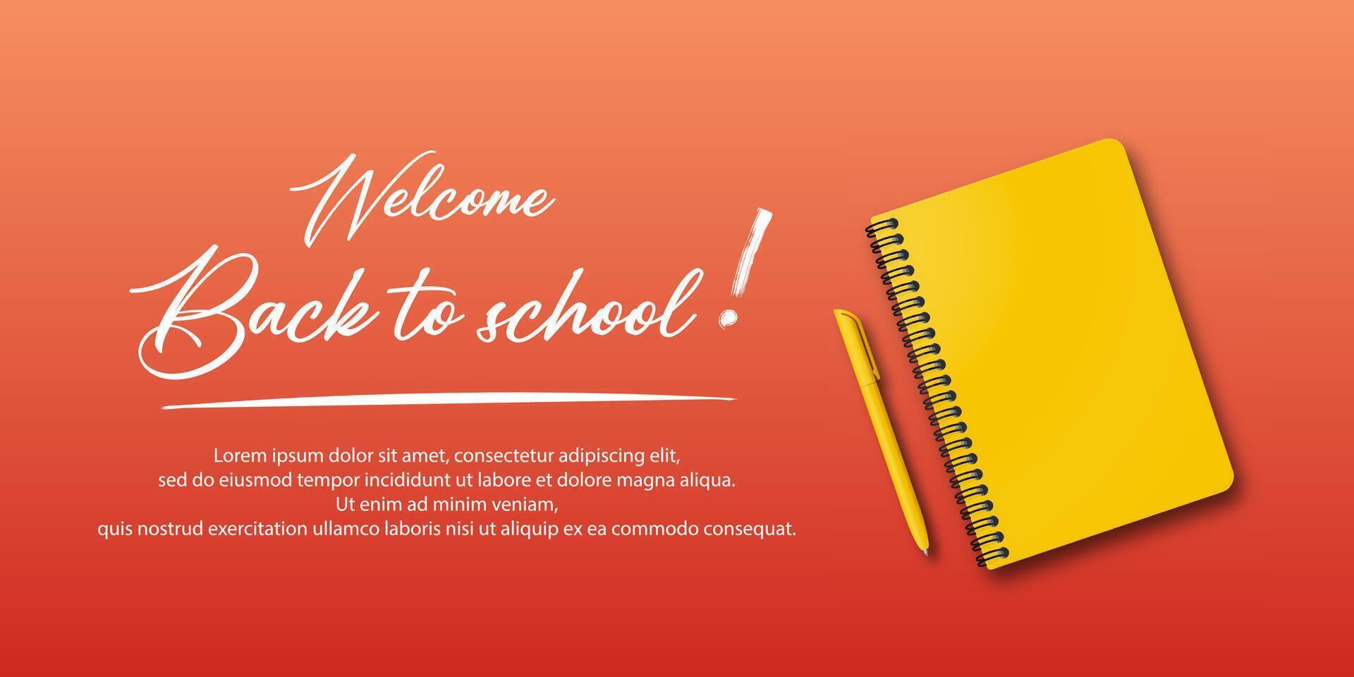 Holiday concept for students. Back to school theme with a notebook and pen on an autumn background. Includes handwritten back to school message and space for text. vector