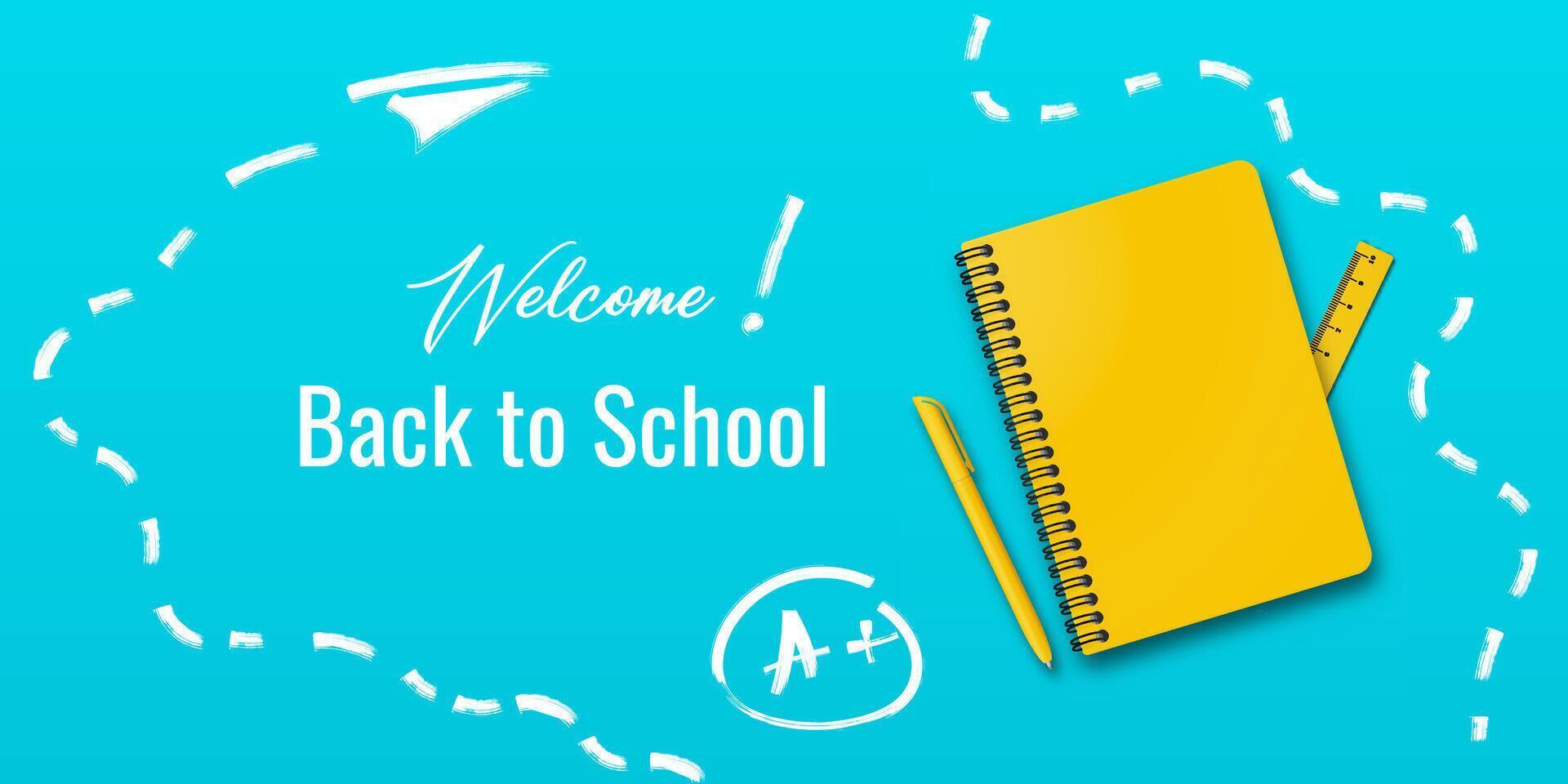 Back to school poster design. Holiday theme for students featuring a notebook and pen on a turquoise or light blue background with handwritten back to school message. vector