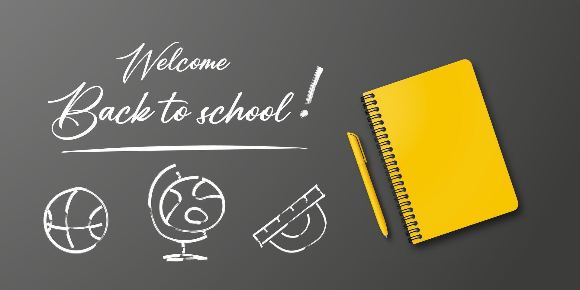 Back to school holiday poster featuring a notebook and pen on a black background. Includes small handwritten back to school message. vector