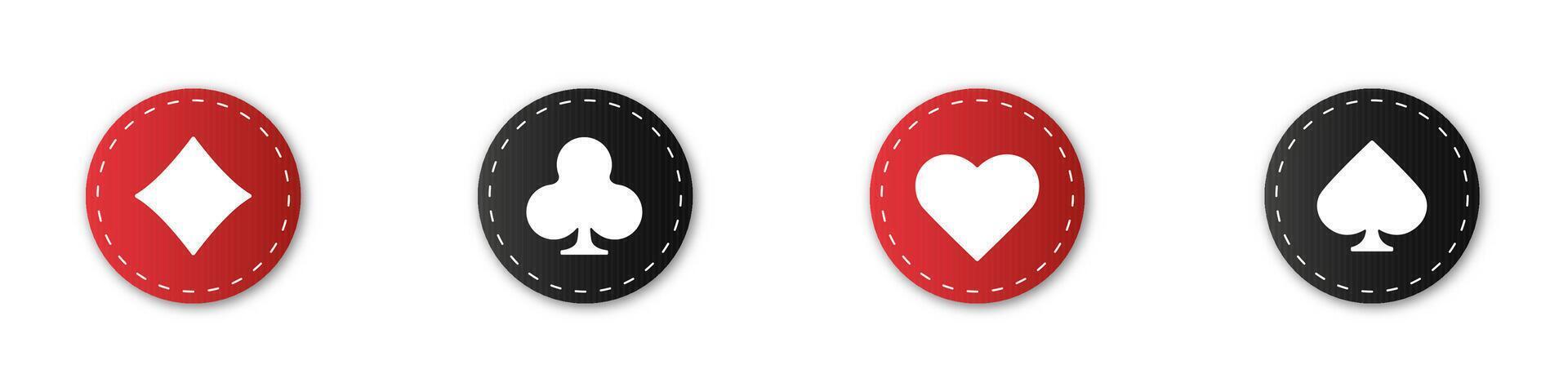 Casino symbol set with gambling icons. Includes poker chips, hearts, clubs, diamonds, and spades. vector