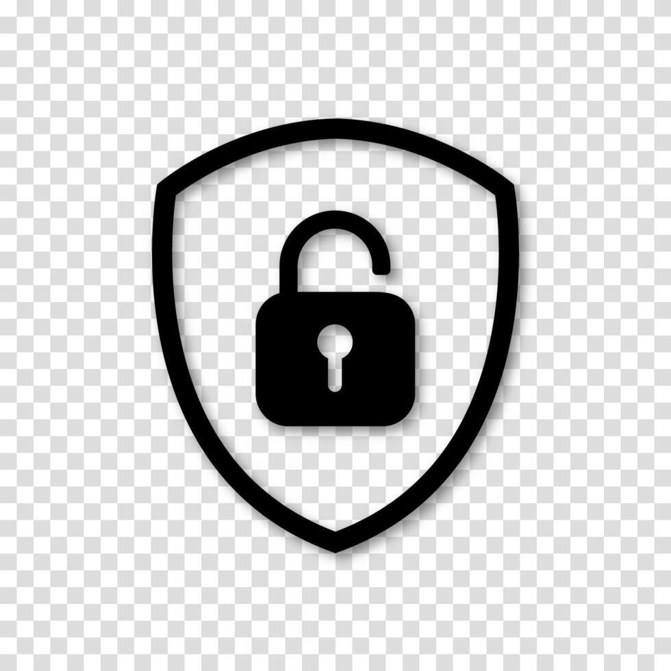 Open padlock shield icon representing security. Unlock sign for privacy themes. vector