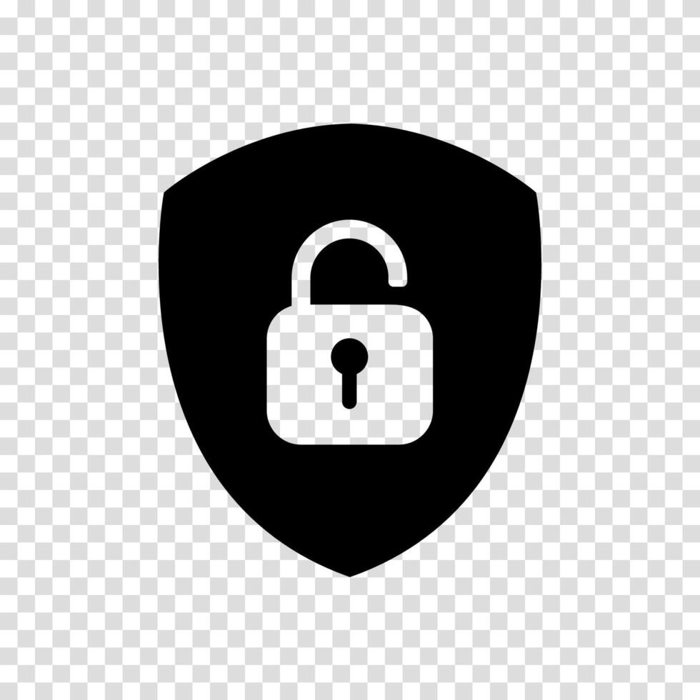 Icon of a shield featuring an open padlock. Unlock symbol for protection and accessibility. vector