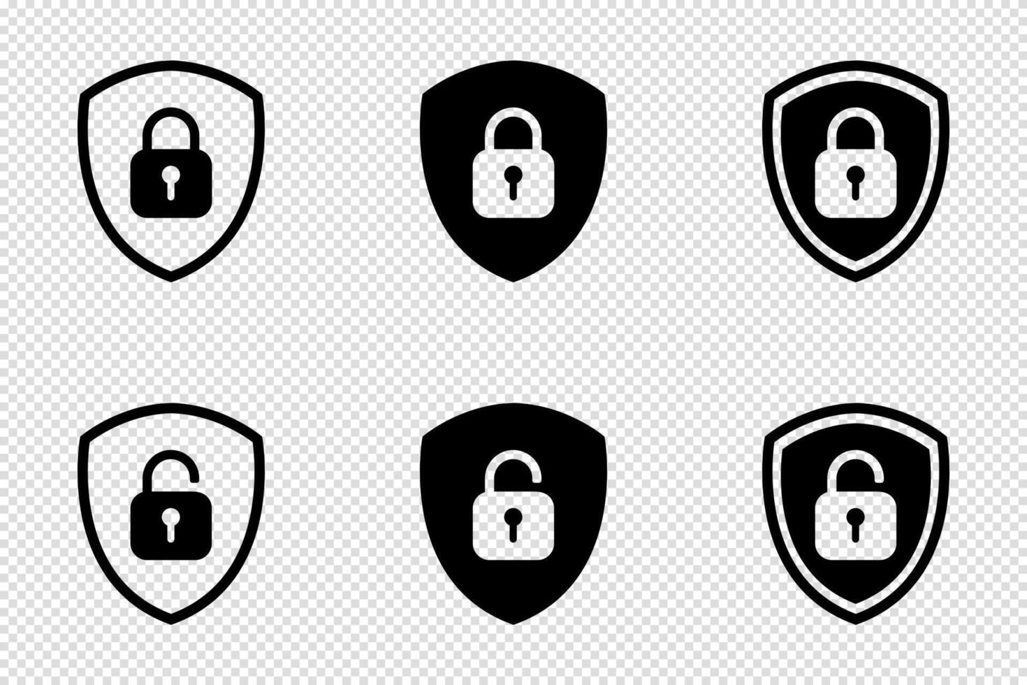 Set of shield icons with lock and unlock symbols. Padlock designs for security themes. vector